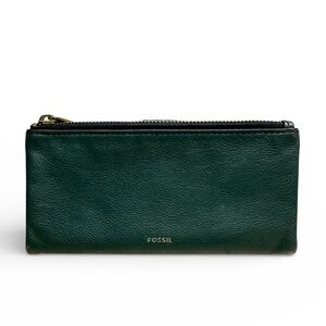 Fossil Lainie Green Leather Zip & Snap Clutch Wallet Organizer See Pics